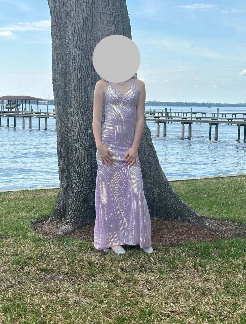 B Darlin Juniors' Iridescent Lilac Linear Sequin Prom Dress